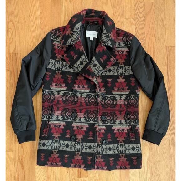 Sun Stone Southwestern Red Black Small Wool Blend Pea Coat Jacket Aztec Winter - Picture 1 of 11